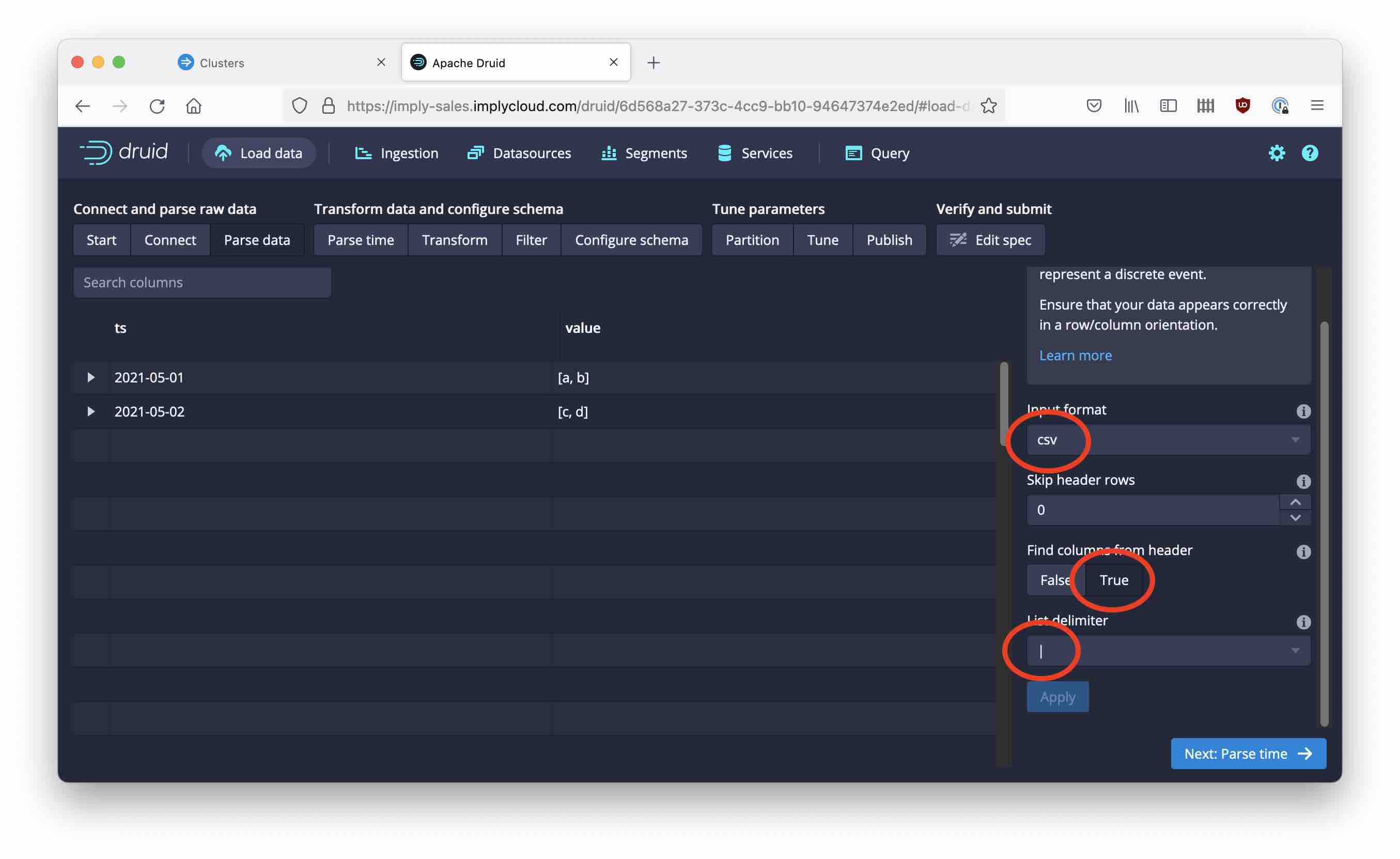 CSV Parser configuration