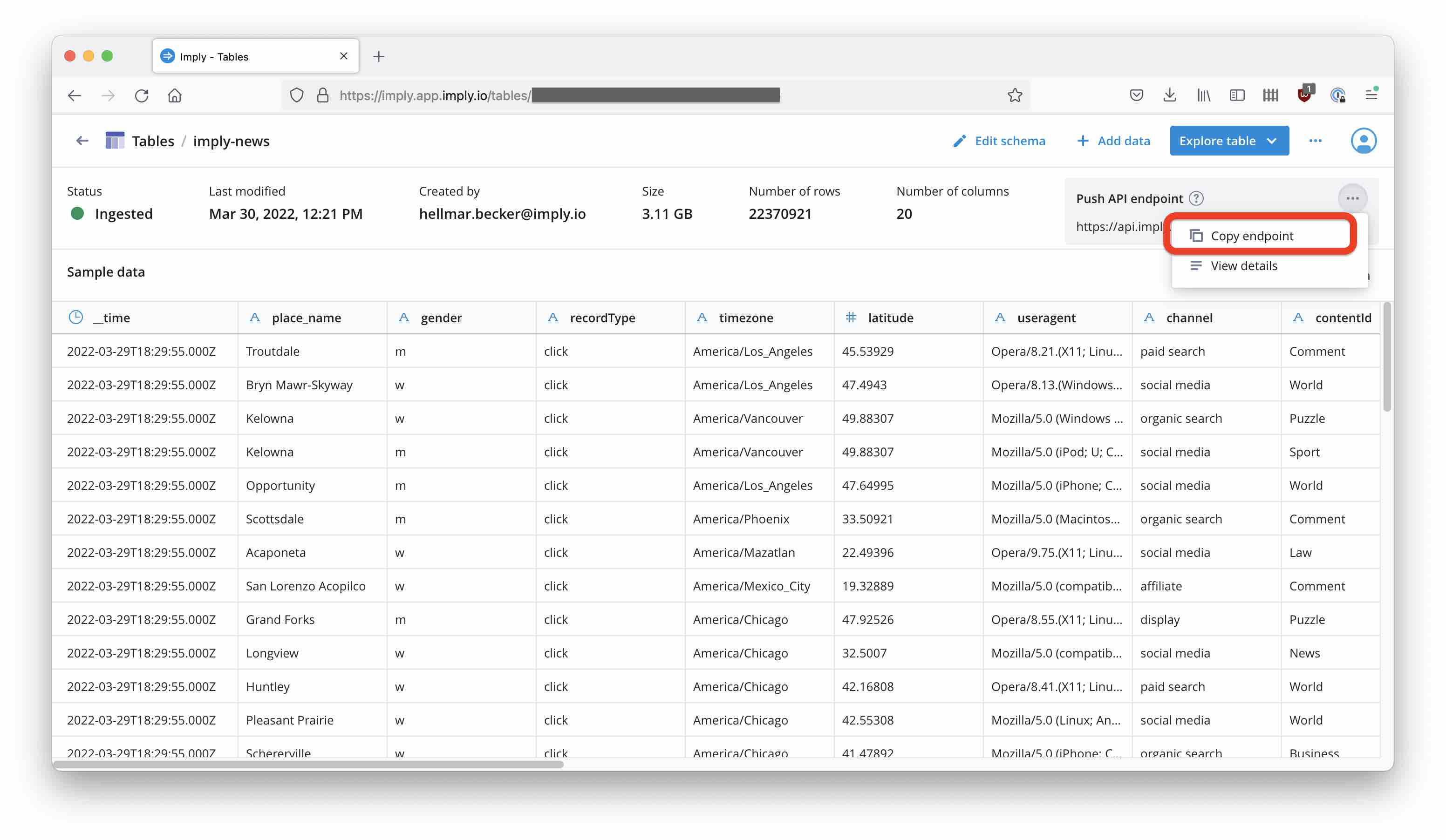 Get Table ID and API endpoint