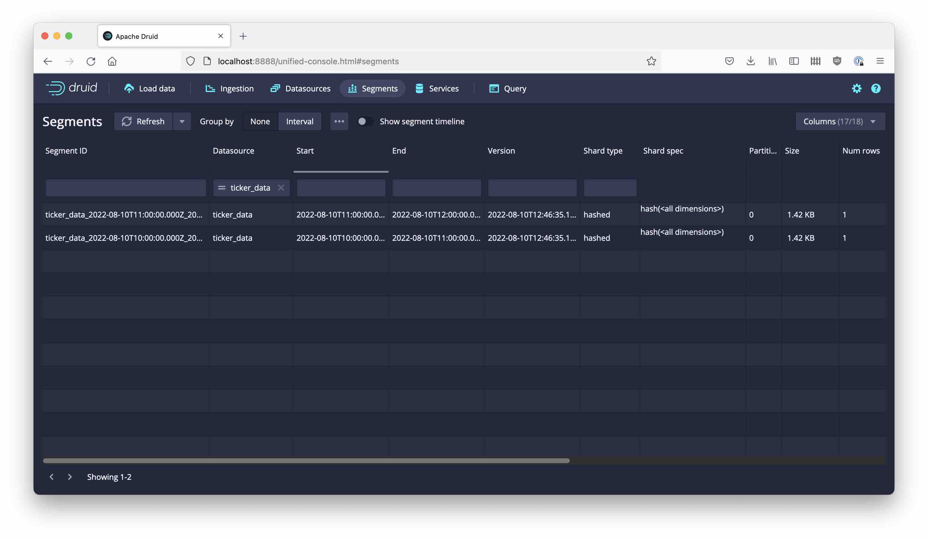 Segments view with hourly segments