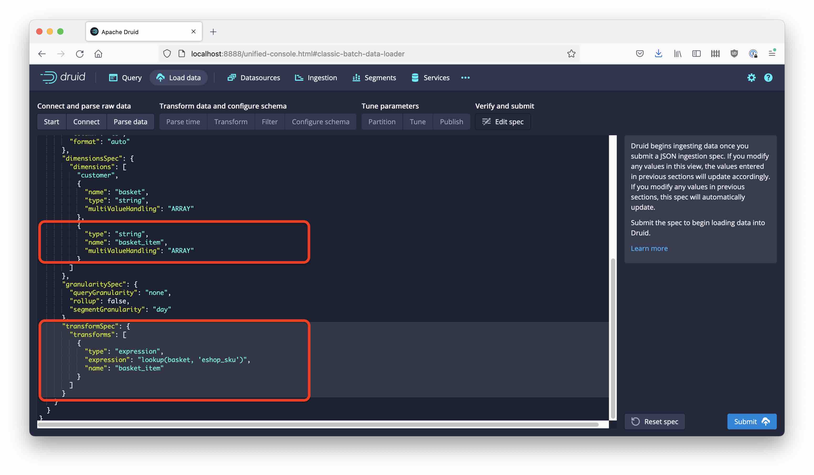 Ingestion spec with lookup, naive