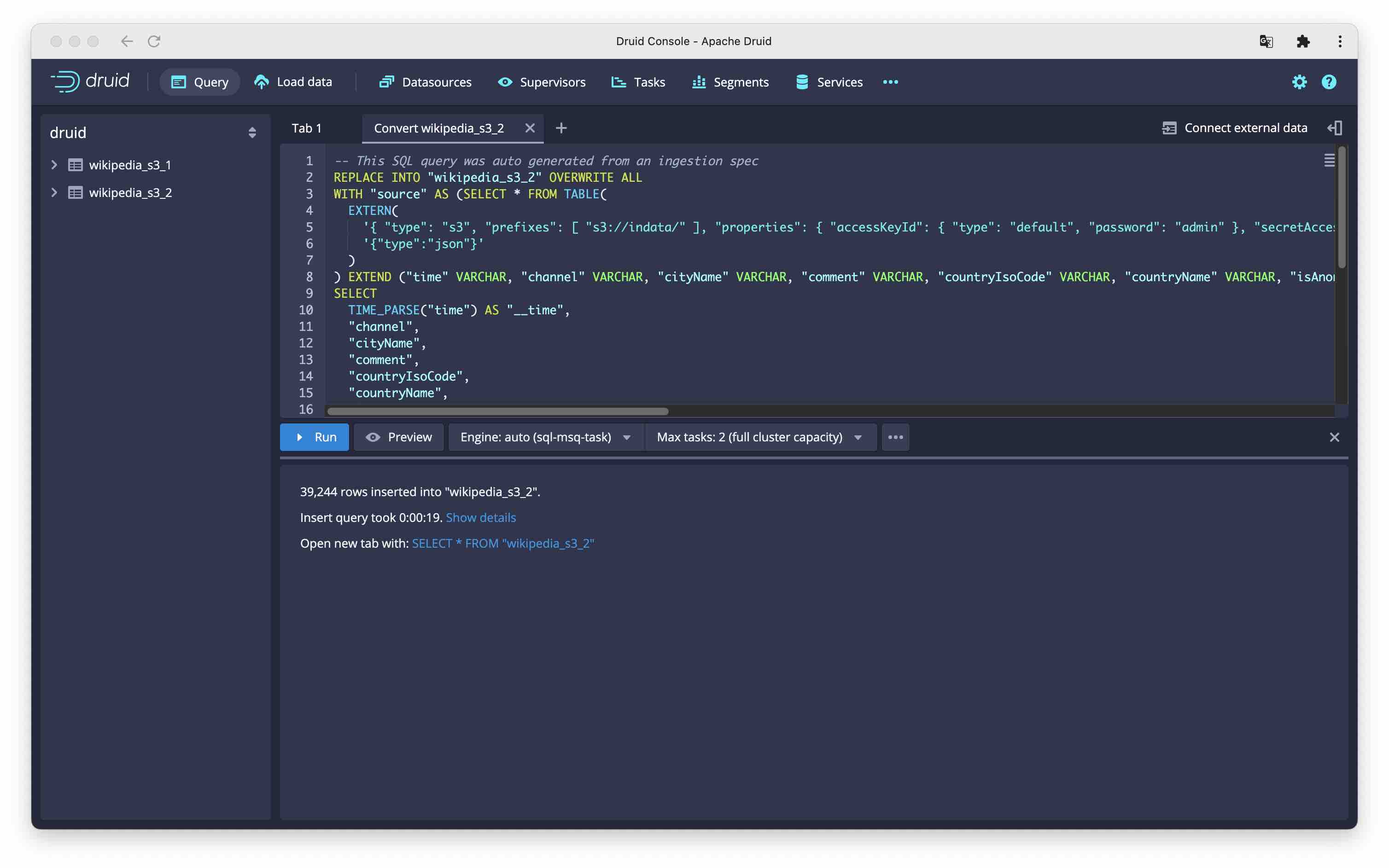 SQL ingestion from the Query tab