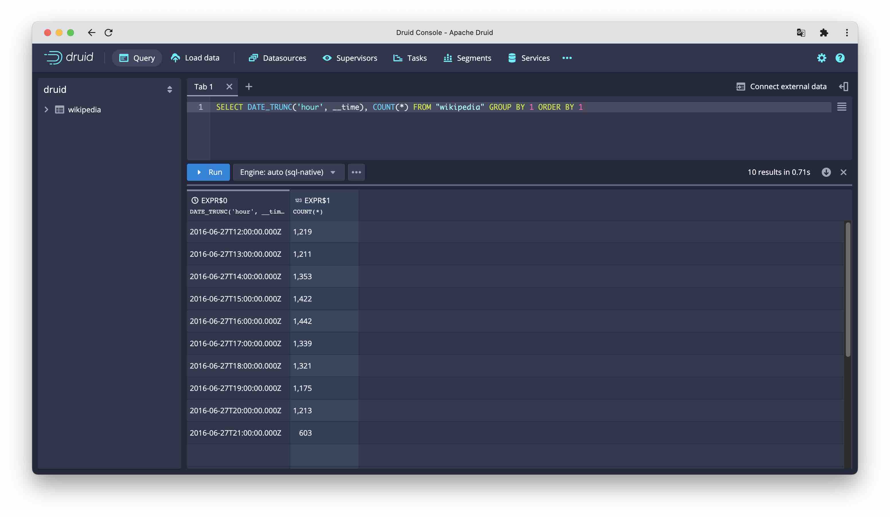 Query using standard engine, showing 10 segments